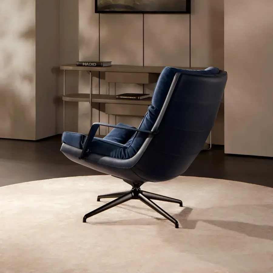 Superior Mascheroni Cabrio lounge chair upholstered in plush navy nubuck and vegetable leather with satin finish metal base