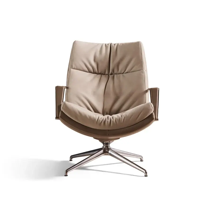Elegant Mascheroni Cabrio lounge chair crafted in supple vegetable leather with a plush nubuck cushion and polished metal base