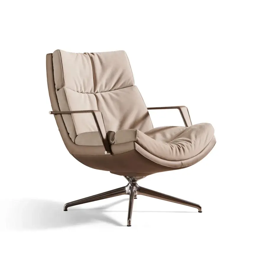 Captivating Mascheroni Cabrio lounge chair upholstered in supple vegetable leather with a plush nubuck cushion and polished metal base