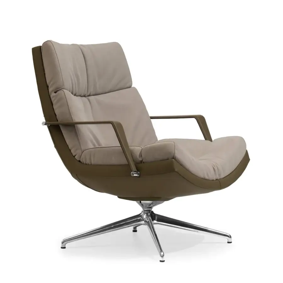 Lavish Mascheroni Cabrio lounge chair upholstered in plush nubuck and vegetable leather with star-shaped polished metal base