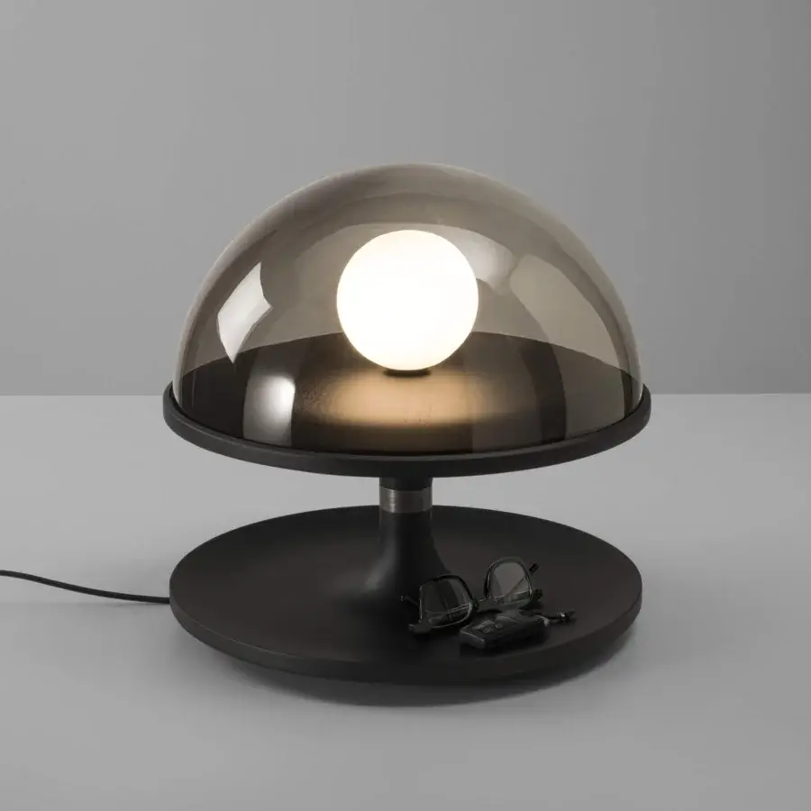 Superior Porada Tack table lamp crafted in Canaletta walnut with brushed bronzed brass and transparent smoked glass diffuser