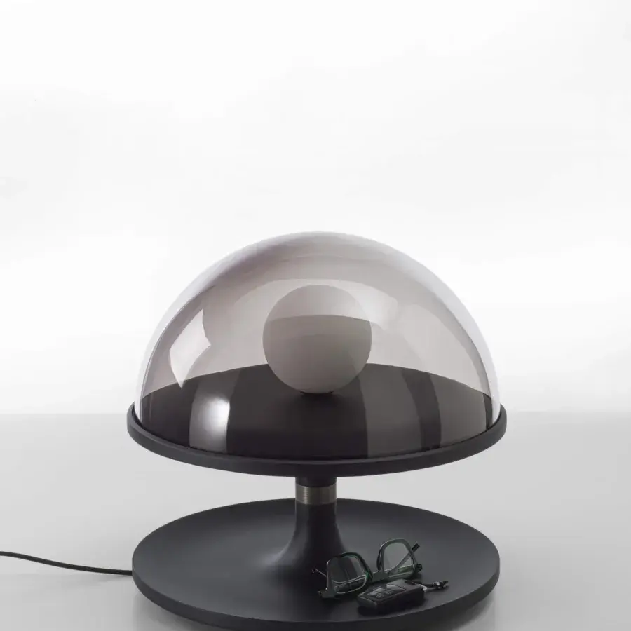 Lavish Porada Tack table lamp crafted in Canaletta walnut with bronzed brass details and smoked transparent glass diffuser