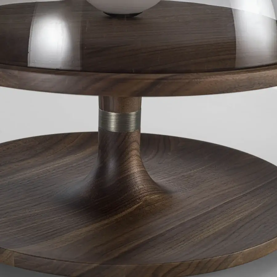 Distinguished Porada Tack table lamp in Canaletta walnut with brushed bronzed brass details and satin finish