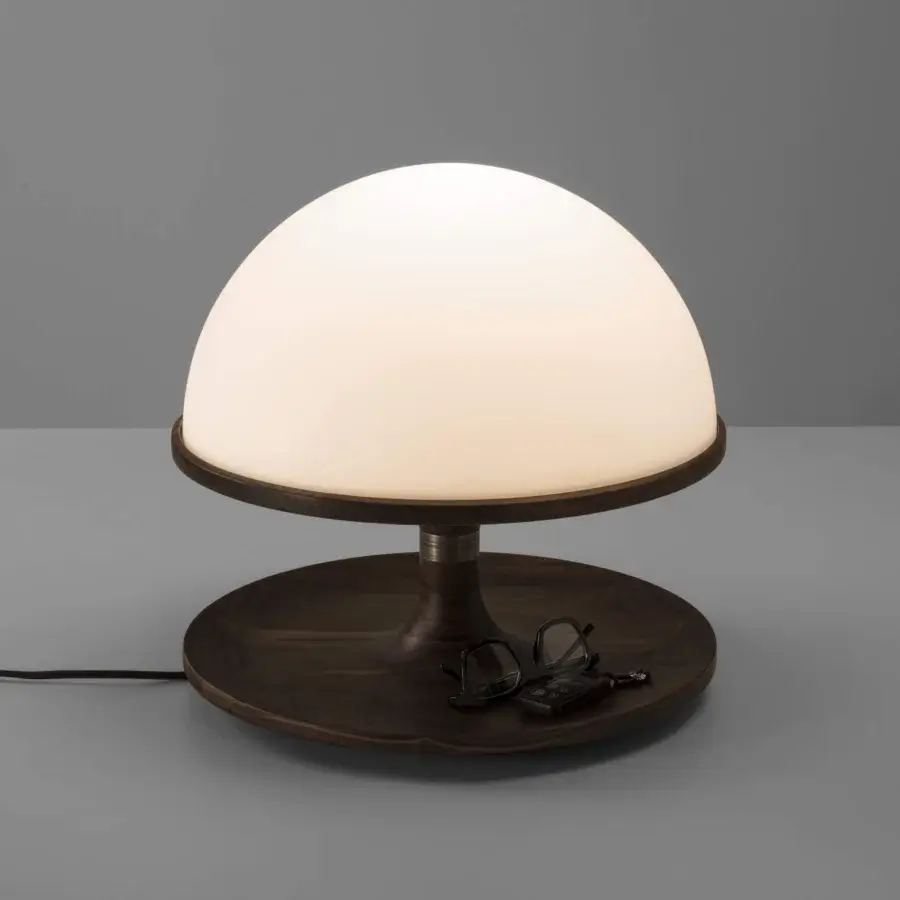 Elegant Porada Tack table lamp crafted in Canaletta walnut with brushed bronzed brass accents and satin finish
