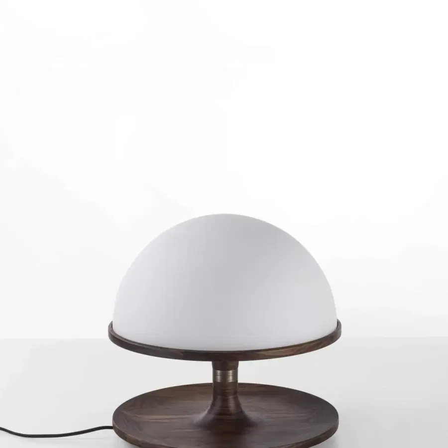 Exceptional Porada Tack table lamp in Canaletta walnut with bronzed brass accents and satin finish