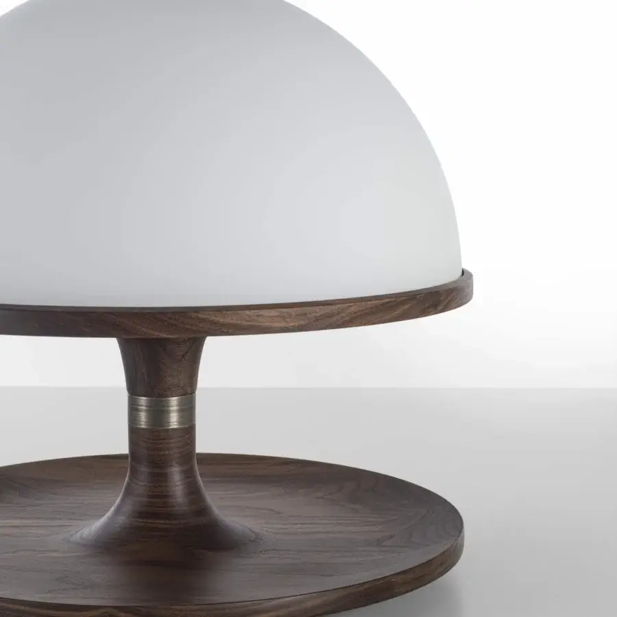 Superior Porada Tack table lamp in Canaletta walnut with bronzed brass accents and satin finish