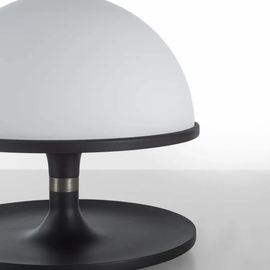 Lavish Porada Tack table lamp crafted in Canaletta walnut with brushed bronzed brass and white opaline glass diffuser