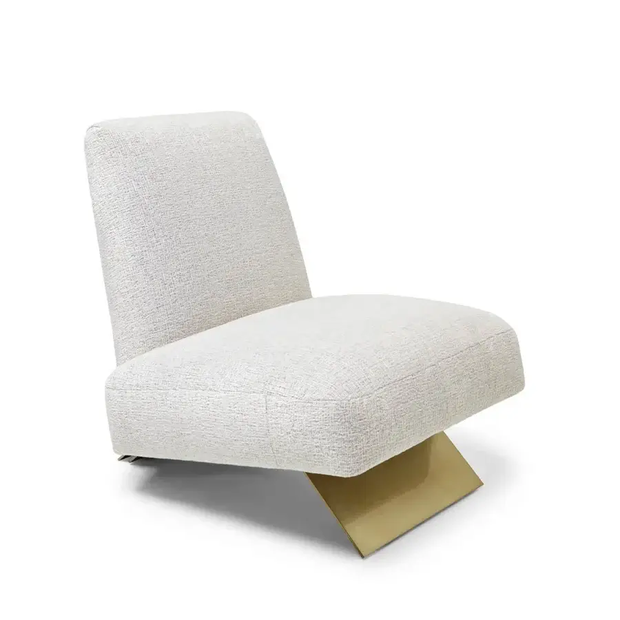 Captivating Visionnaire Aries lounge chair upholstered in light neutral textile with polished golden-toned metal and marble accents
