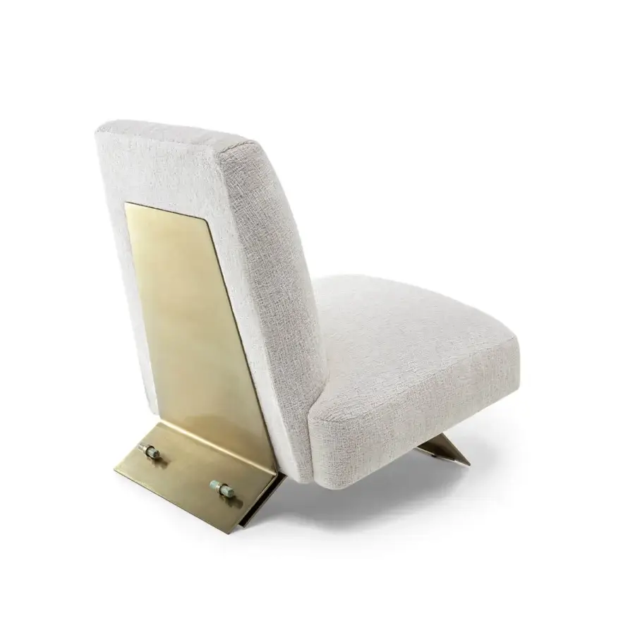 Exclusive Visionnaire Aries lounge chair upholstered in light beige textile with satin golden metal and polished brass details