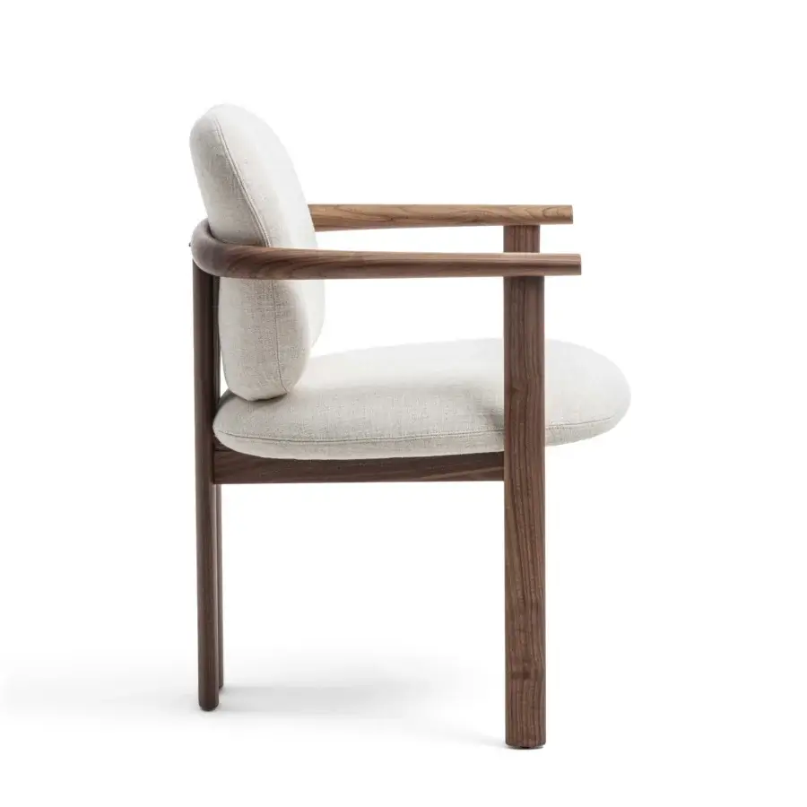 Distinctive Porada Teti chair crafted in solid wood with satin finish and light beige textile upholstery