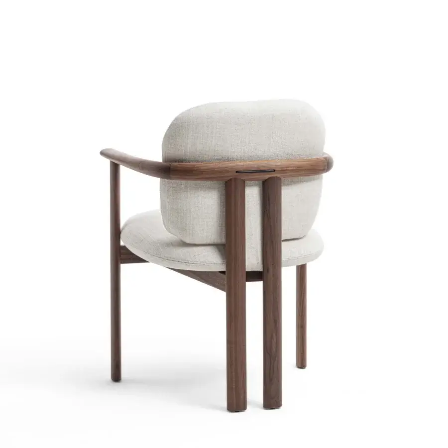 Elegant Porada Teti chair crafted in solid wood with satin finish and light beige textile upholstery with saddle leather cord