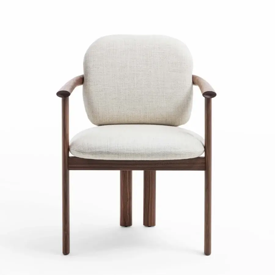 Exceptional Porada Teti chair built in solid wood with satin finish and light beige woven fabric upholstery accented by saddle leather cord