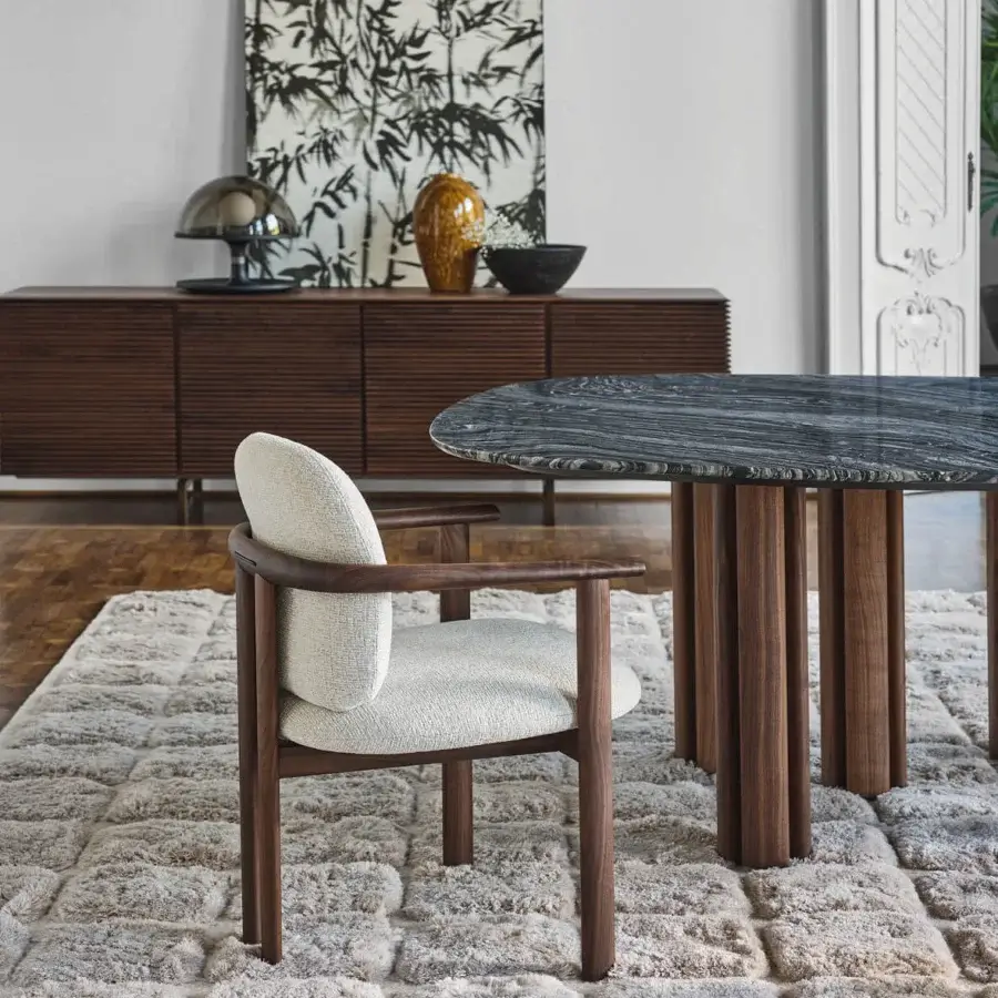 Superior Porada Teti chair crafted in medium-dark brown solid wood with neutral beige textile upholstery and satin finish
