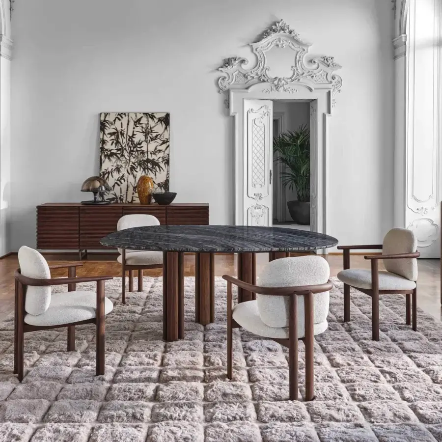 Elegant Porada Teti chair crafted in medium-tone brown solid wood with satin finish and light beige textile upholstery