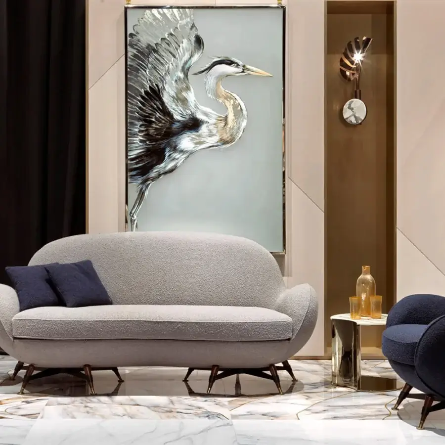 Pioneering Visionnaire Mercury lounge chair in navy blue elastic fabric upholstery with polished brass wood legs and black steel base
