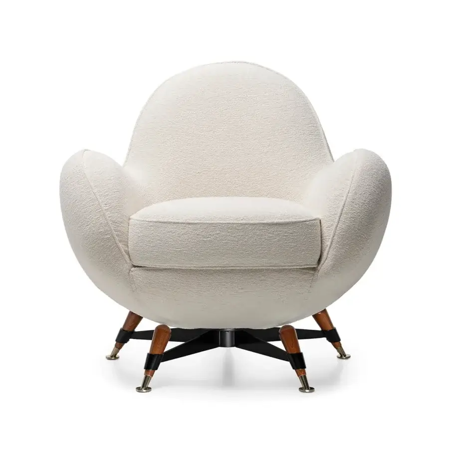 Exceptional Visionnaire Mercury lounge chair with creamy white textured upholstery and polished brass lacquered legs