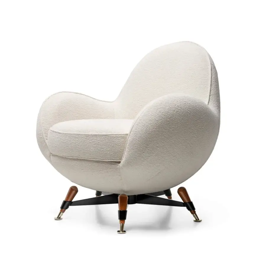 Superior Visionnaire Mercury lounge chair with textured off-white fabric upholstery and brass-lacquered solid wood feet
