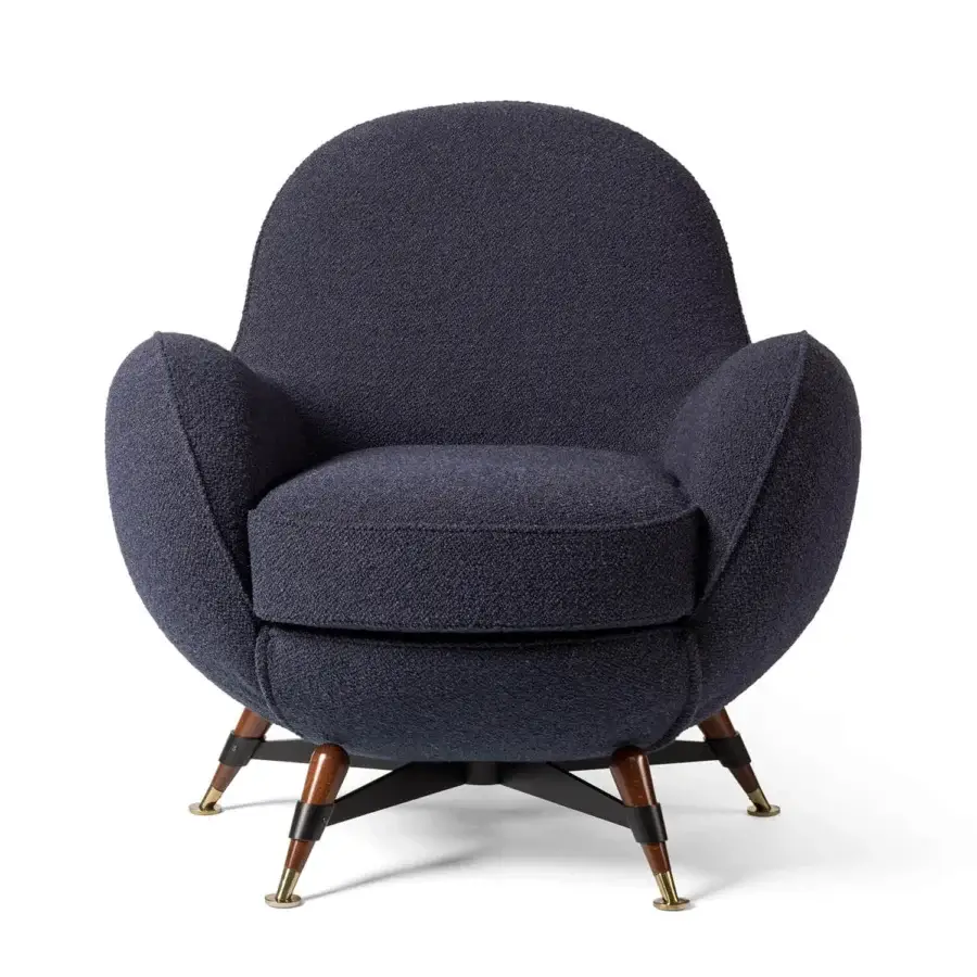 Exclusive Visionnaire Mercury lounge chair with dark navy bouclé-like fabric upholstery and polished metal brass-lacquered legs