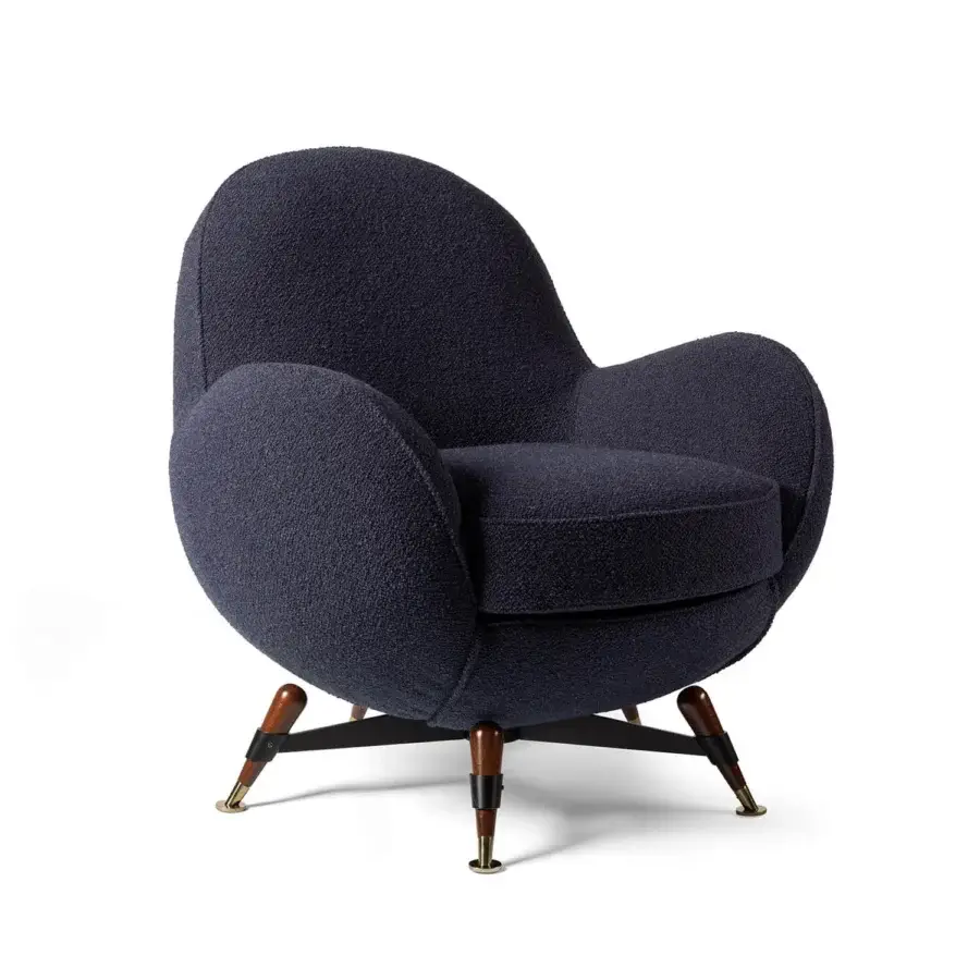 Superior Visionnaire Mercury lounge chair with dark muted blue fabric upholstery and brass-lacquered five-spoke steel base