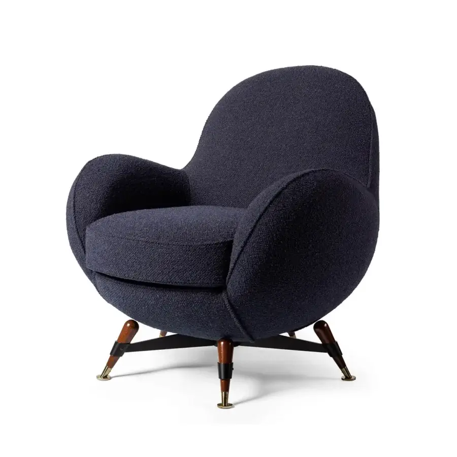 Pioneering Visionnaire Mercury lounge chair with organically rounded form and navy blue fabric upholstery in polished metal finish