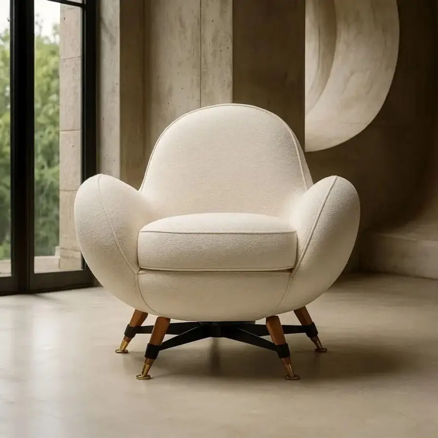 Pioneering Visionnaire Mercury lounge chair crafted with creamy textured fabric, a black steel base, and polished brass-lacquered solid wood feet