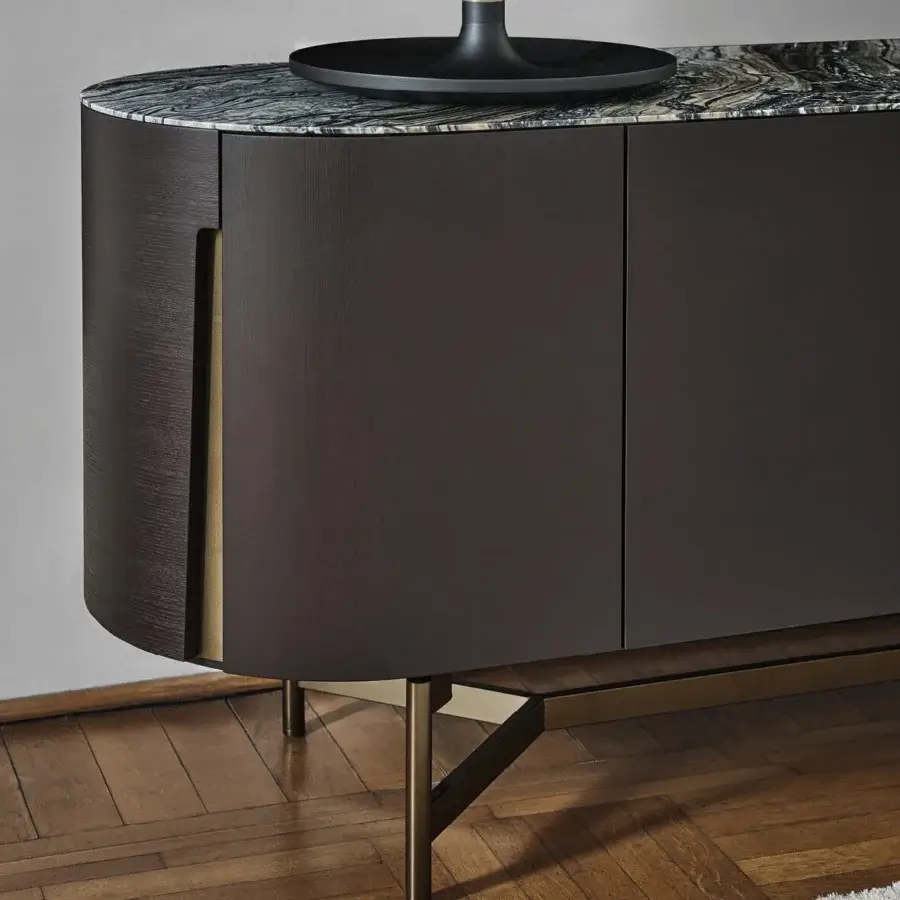 Distinguished Porada Tylsa sideboard crafted in solid Canaletta walnut with matte dark brown finish and striking gray and black veined marble