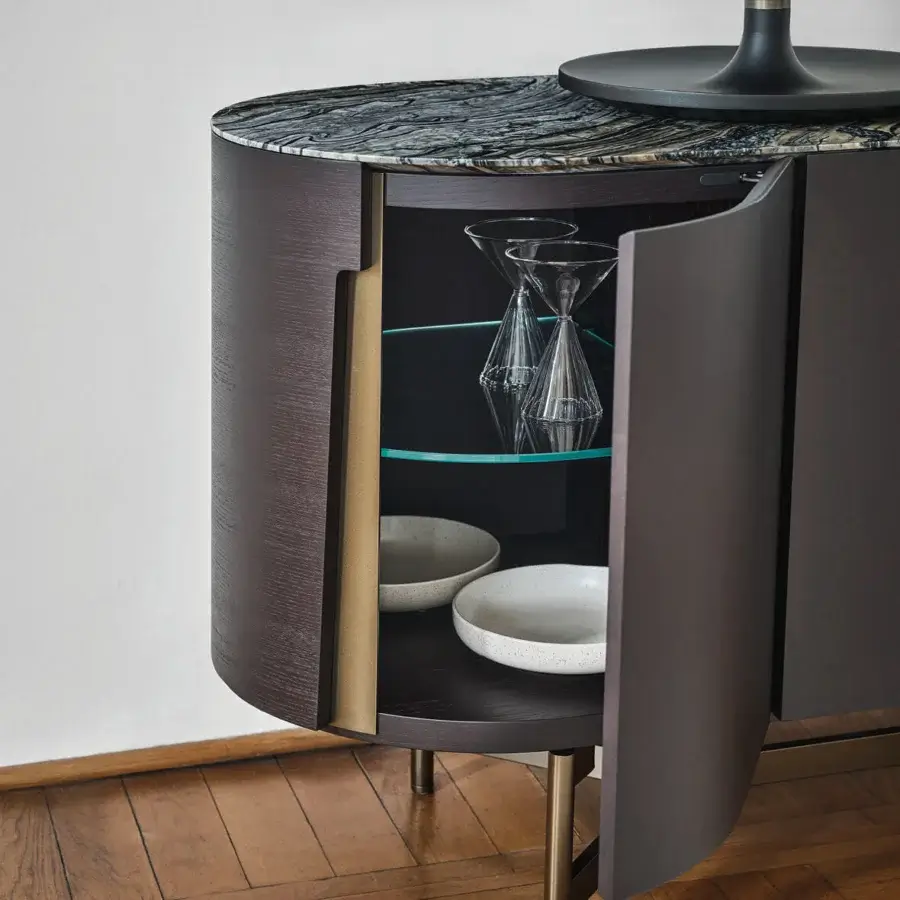 Exceptional Porada Tylsa sideboard crafted in solid Canaletta walnut with satin finish and striking dark grey marble tabletop with brass-like base