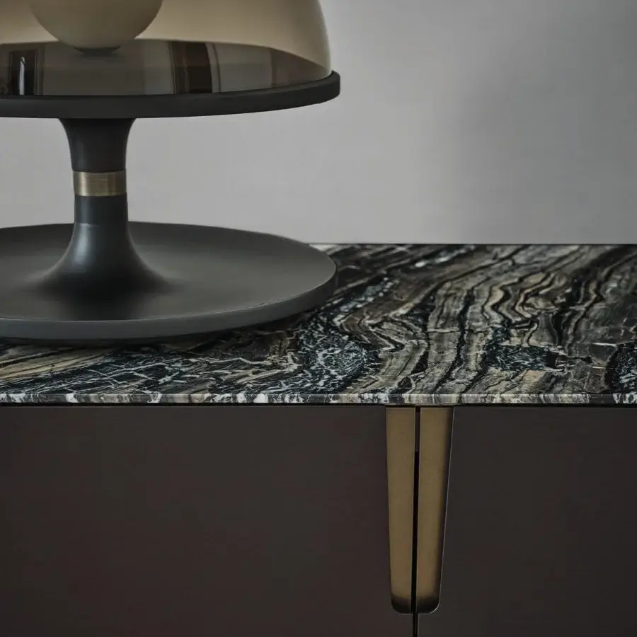 Superior Porada Tylsa sideboard built in solid Canaletta walnut with dark matte finish and swirling dark marble top