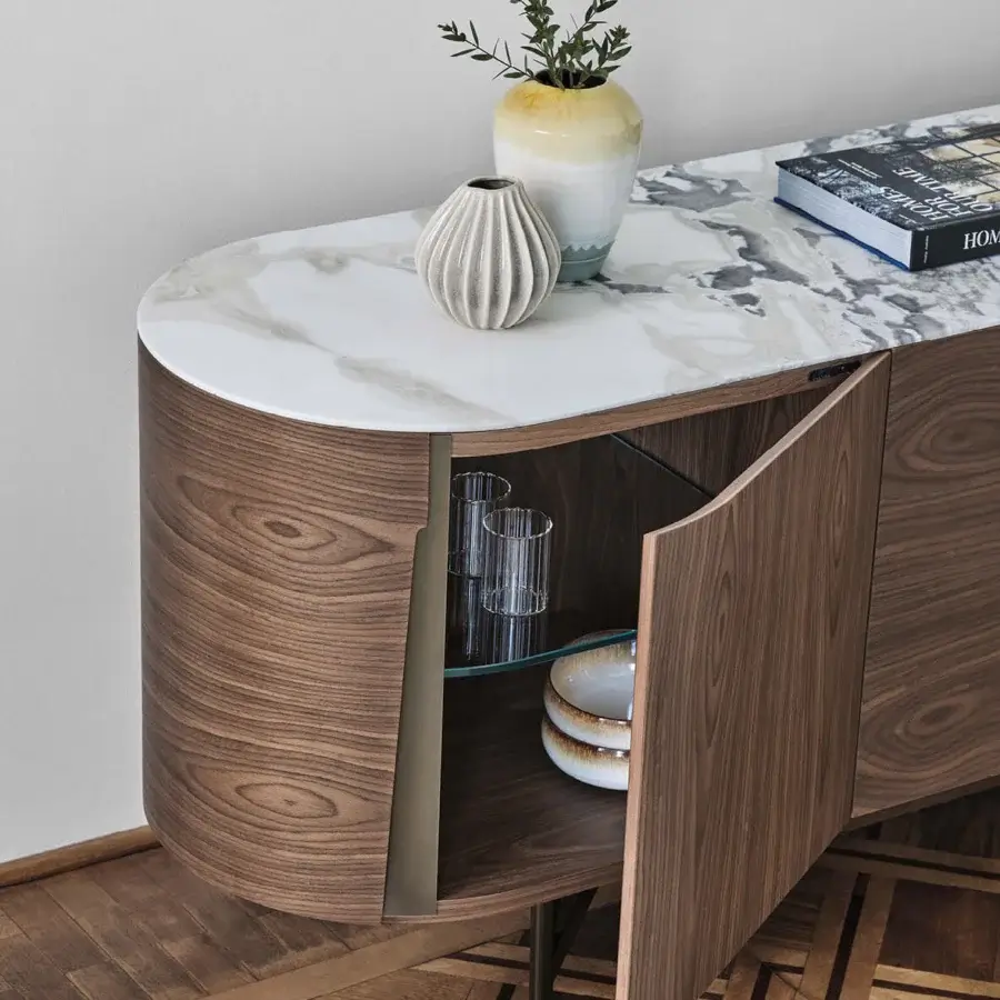 Superior Porada Tylsa sideboard crafted in solid Canaletta walnut with a satin finish and polished marble top