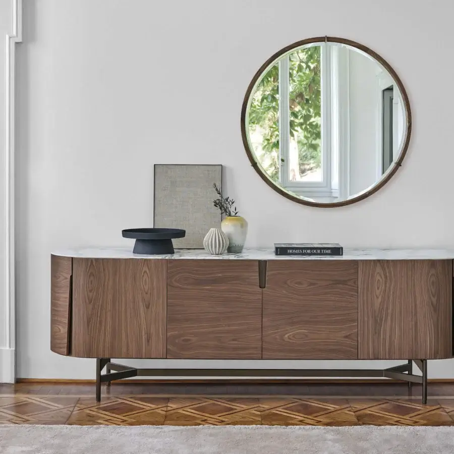Elegant Porada Tylsa sideboard crafted in solid Canaletta walnut with a satin finish and dark metal base