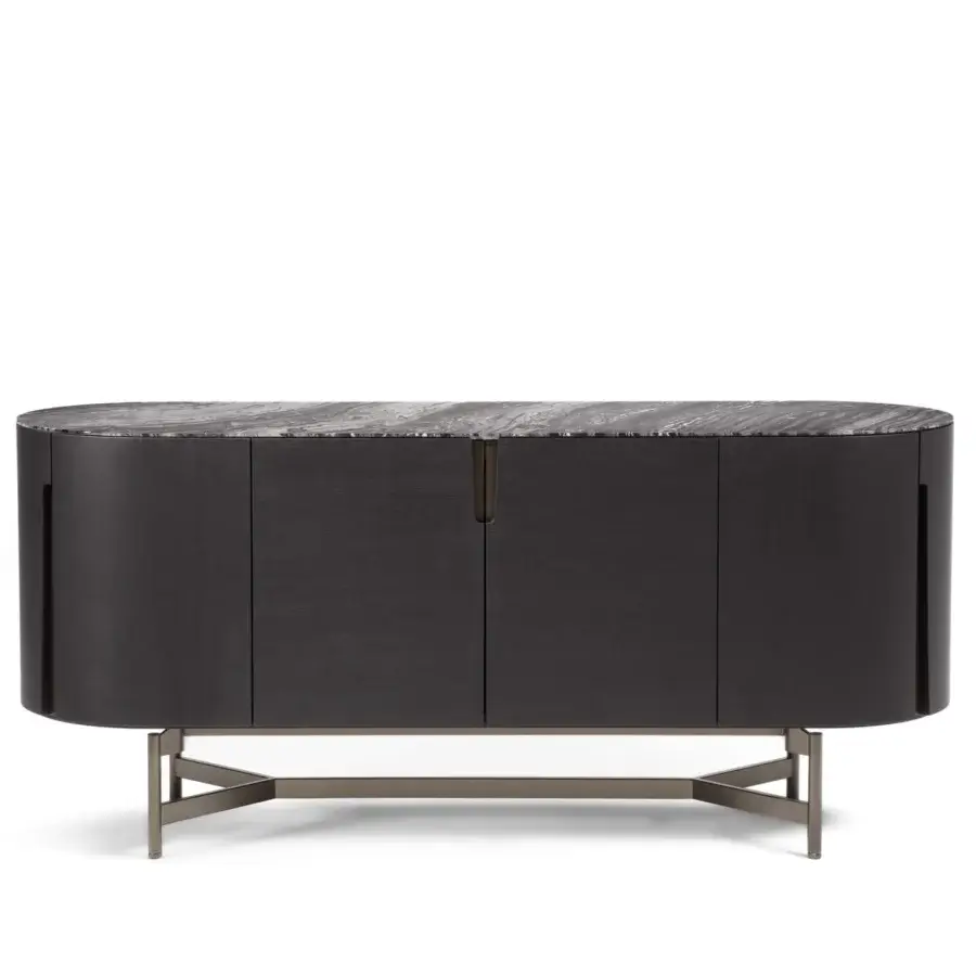 Distinguished Porada Tylsa sideboard built in solid Canaletta walnut with a matte finish and dark grey marble top