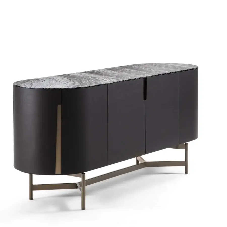 Exceptional Porada Tylsa sideboard crafted in solid Canaletta walnut with a matte finish and swirling gray and white marble