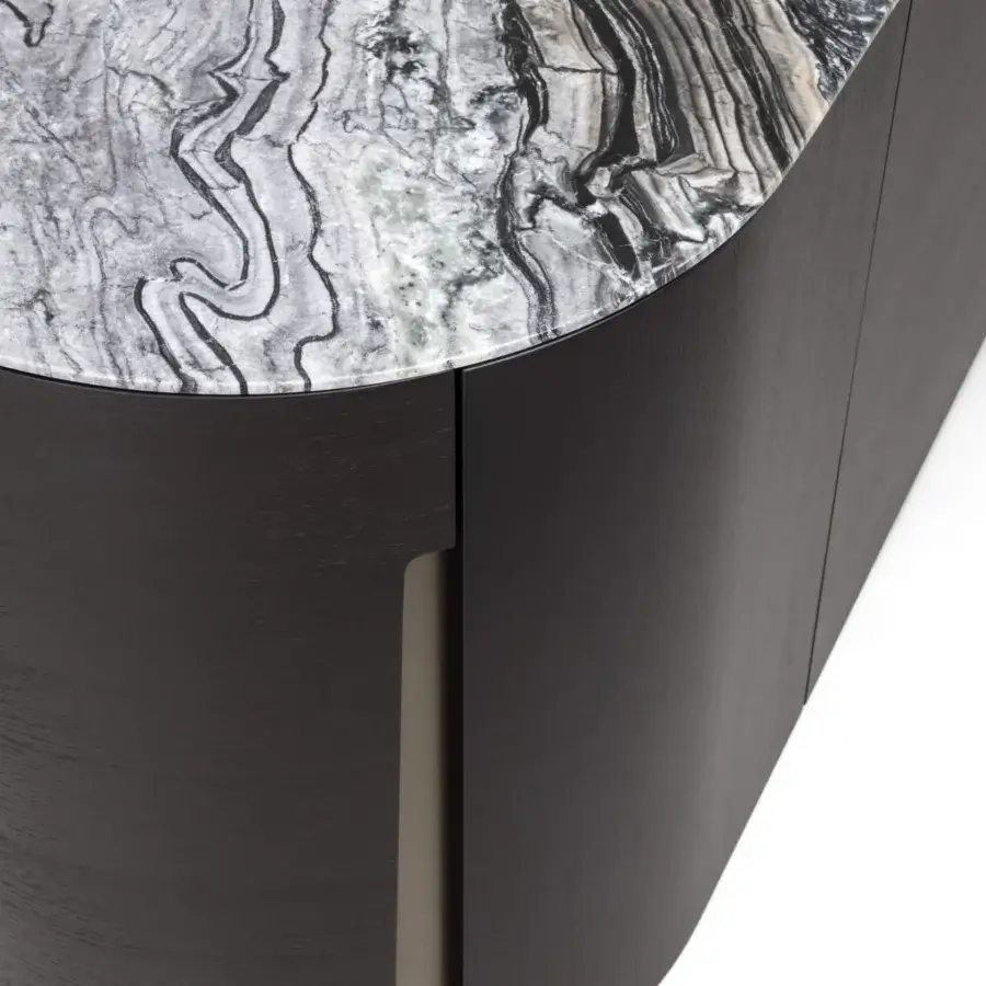 Distinguished Porada Tylsa sideboard built in solid Canaletta walnut with a satin finish and striking marble surface