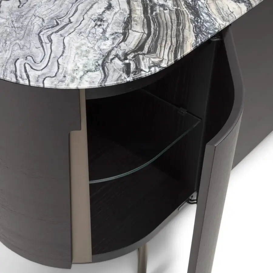 Exceptional Porada Tylsa sideboard crafted in solid Canaletta walnut with a matte finish and polished grey and black veined marble