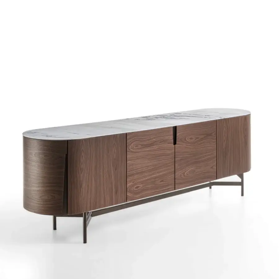 Distinguished Porada Tylsa sideboard built in solid Canaletta walnut with satin finish and polished white marble top