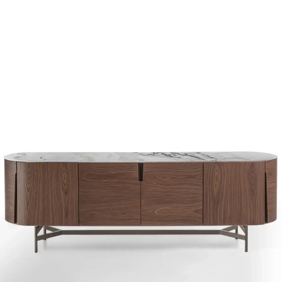 Exceptional Porada Tylsa sideboard crafted in solid Canaletta walnut with satin finish and sleek marble top