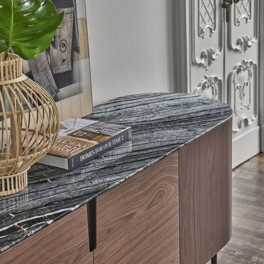 Superior Porada Tylsa sideboard crafted in solid Canaletta walnut with satin finish and polished marble top