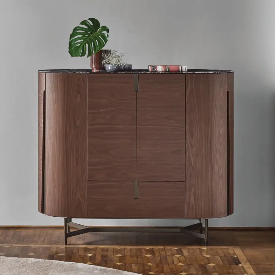 Superior Porada Tylsa bar cabinet crafted from Canaletta walnut with satin finish and back-painted “Brillo” glass top with Cuoietto leather