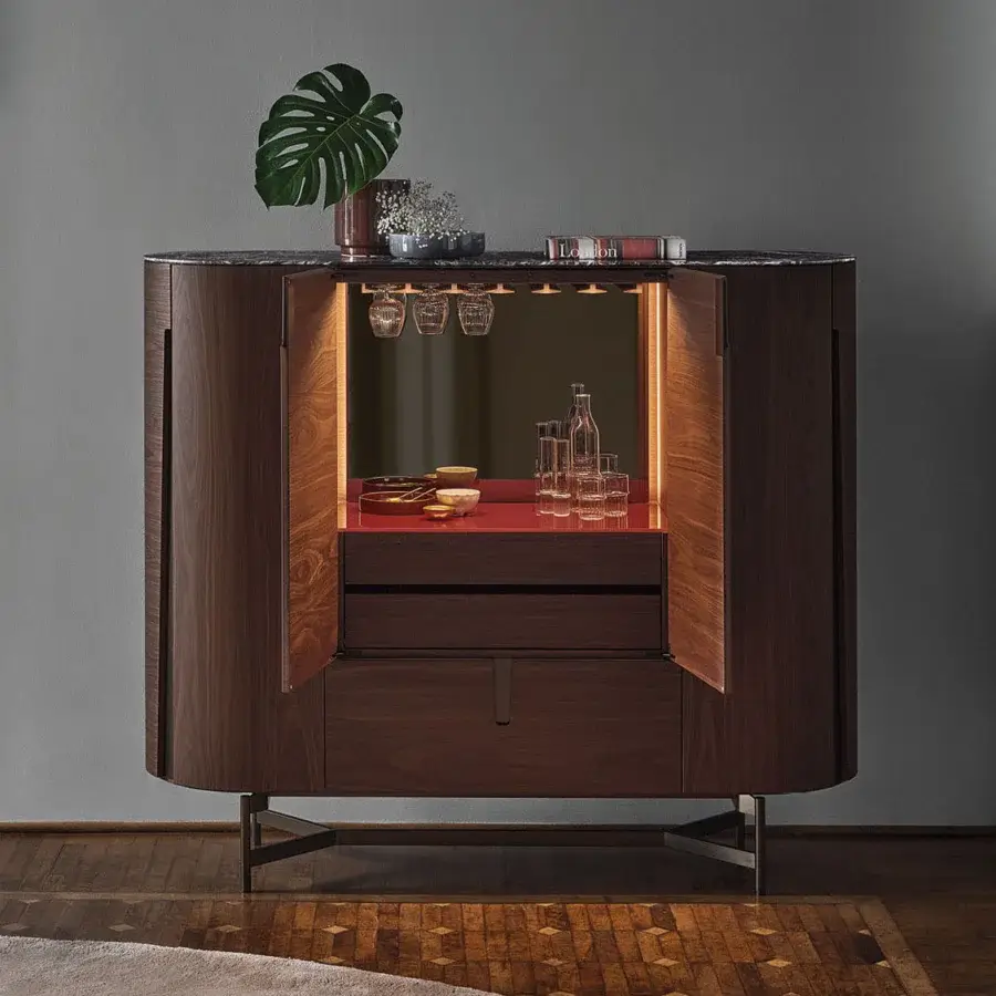 Elegant Porada Tylsa bar cabinet crafted in Canaletta walnut with satin finish and back-painted “Brillo” glass