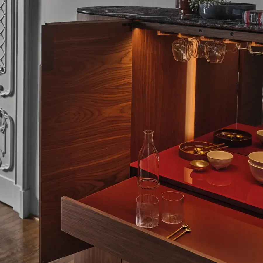 Superior Porada Tylsa bar cabinet crafted in Canaletta walnut with satin finish and Cuoietto leather work surface