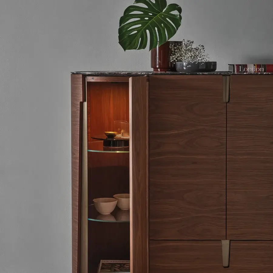 Elegant Porada Tylsa bar cabinet crafted in Canaletta walnut with satin finish and Cuoietto leather worktop