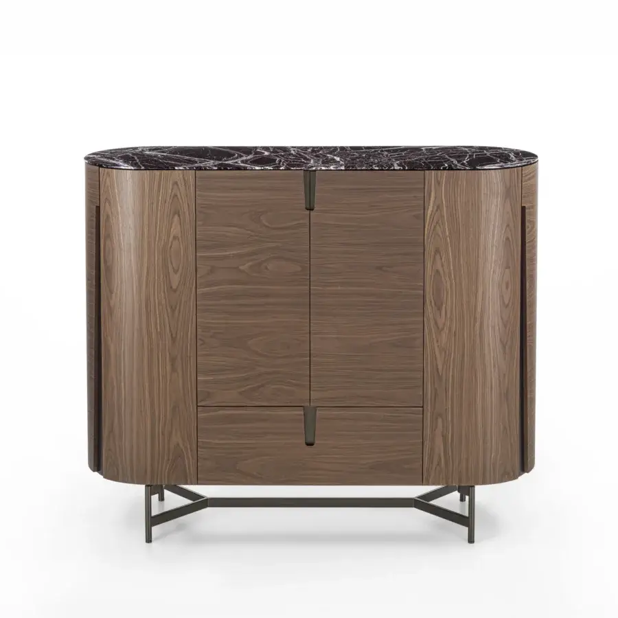 Distinguished Porada Tylsa bar cabinet built in Canaletta walnut with satin finish and striking marble top detailing