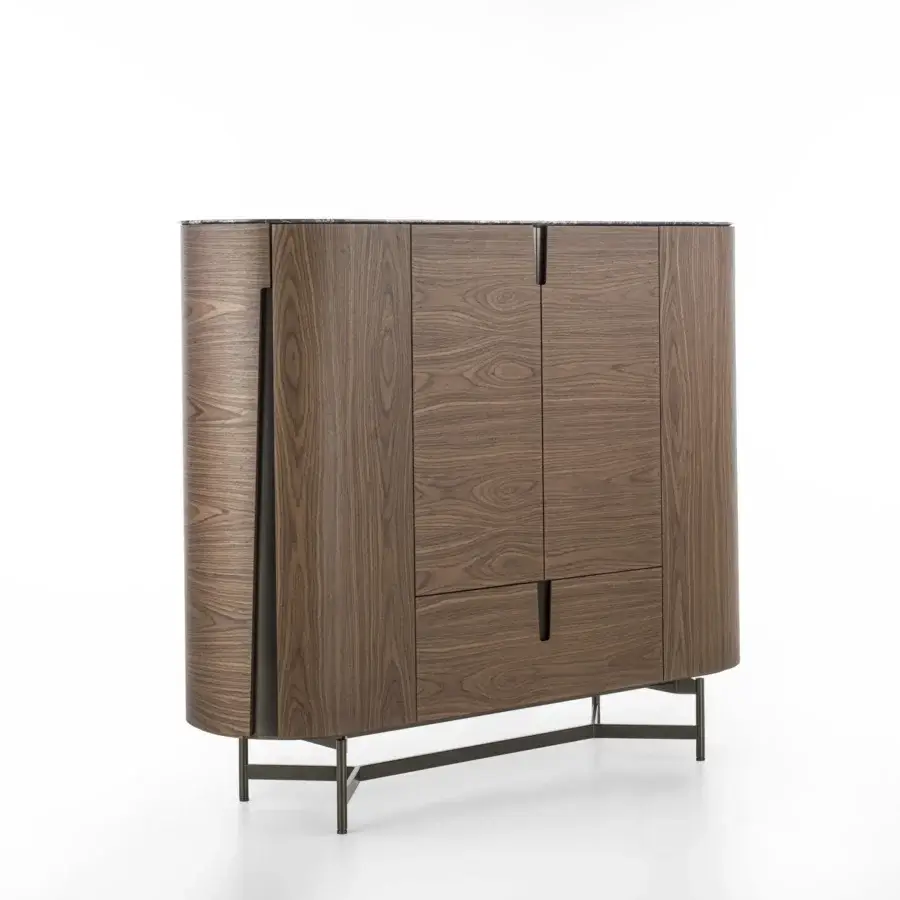 Exceptional Porada Tylsa bar cabinet built in Canaletta walnut with satin finish and back-painted “Brillo” glass