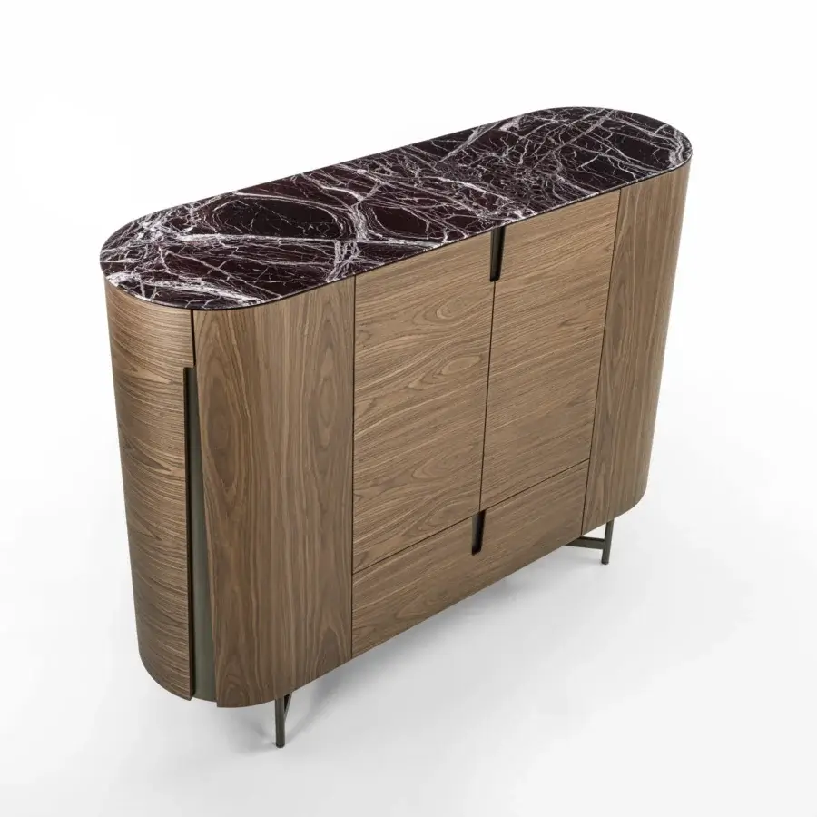 Superior Porada Tylsa bar cabinet built in Canaletta walnut with satin finish and marble top detailing