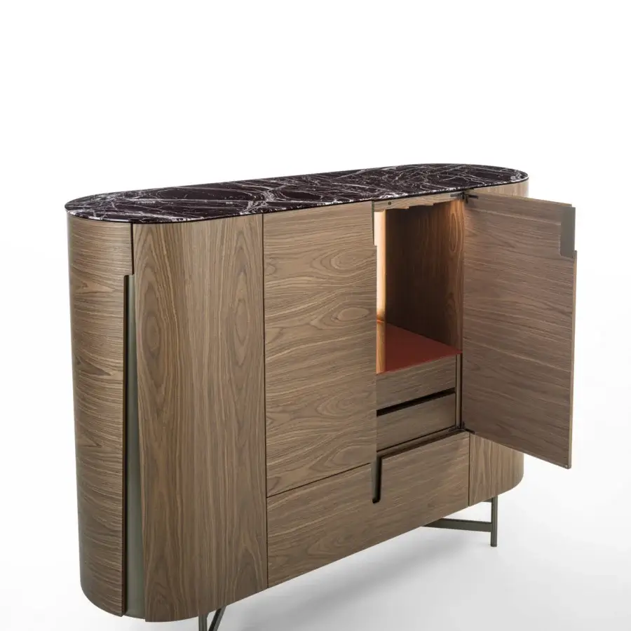 Elegant Porada Tylsa bar cabinet crafted in Canaletta walnut with dark marble and satin finish