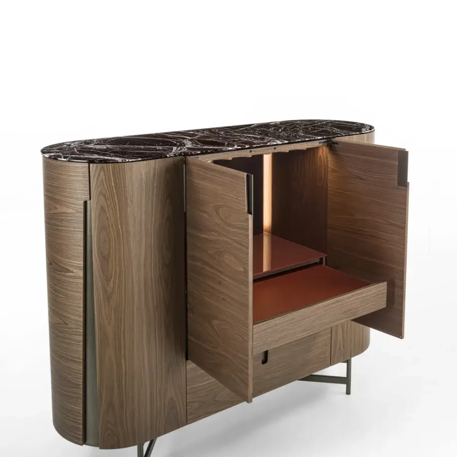 Distinguished Porada Tylsa bar cabinet crafted from ash with satin finish, dark marble tabletop and Cuoietto leather detailing within drawers