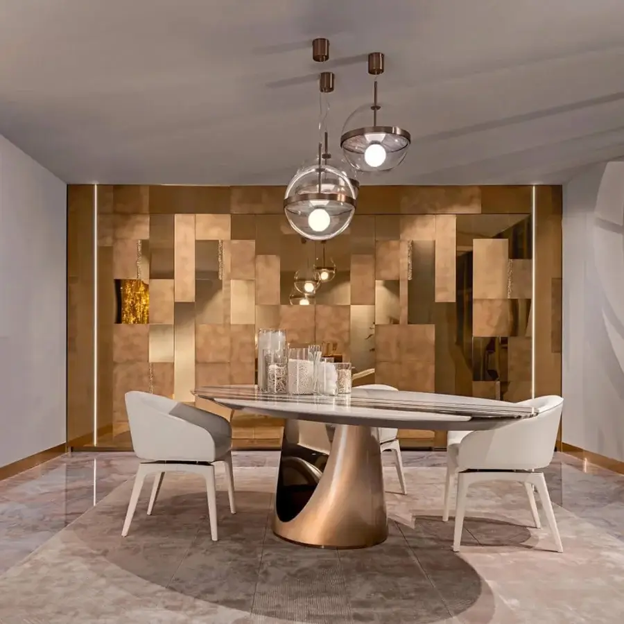 Elegant Visionnaire Cameron table with sculpted mirrored marble, polished stainless steel, and lacquered wood undertop