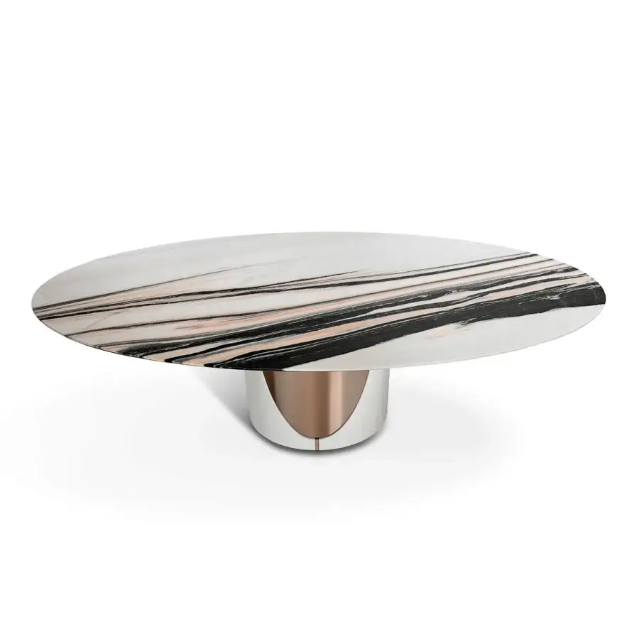 Distinguished Visionnaire Cameron table with sculpted polished marble, stainless steel, and captivating dark gray veined white tabletop finish