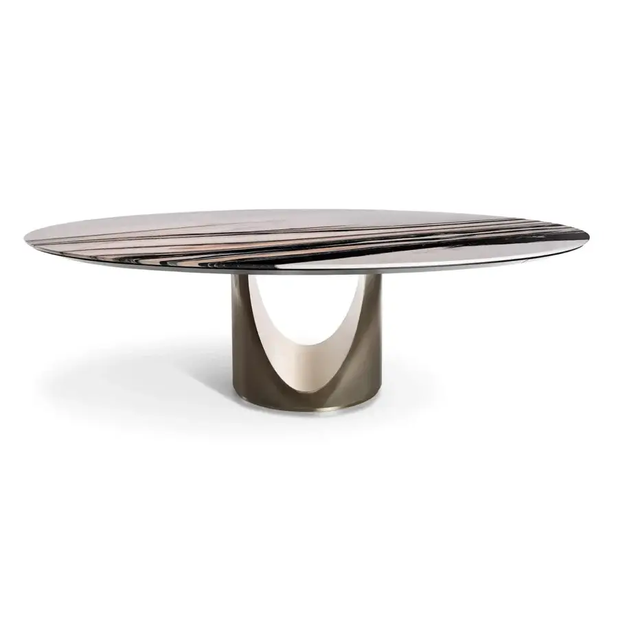 Exceptional Visionnaire Cameron table with sculpted stainless steel base and beige cream marble top finished with lacquered wood