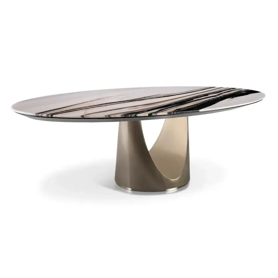 Superior Visionnaire Cameron table with sculpted stainless steel base and swirling dark grey beige marble tabletop